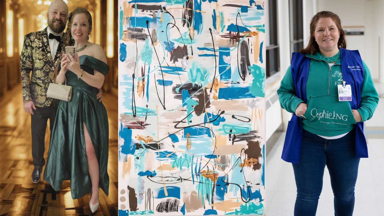 Photos from left: a first dance after the stroke; artwork by Sophie; volunteering at the Ottawa Hospital Image